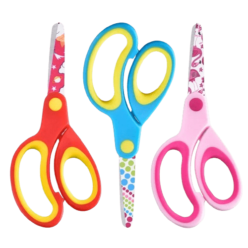 Safe, colorful left-handed kids scissors with blunt tips and soft grips. Perfect for school crafts and home projects. 1 piece per pack in a random color.