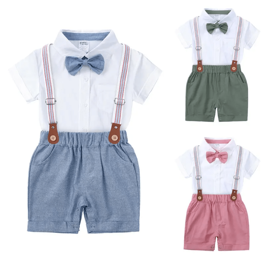 Baby Bow Front Shirt Bodysuit & Suspender Shorts - Blue