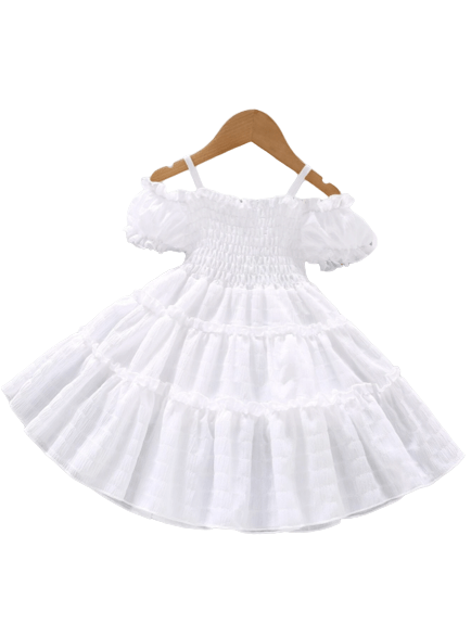Girls off-shoulder white A line shirred dress