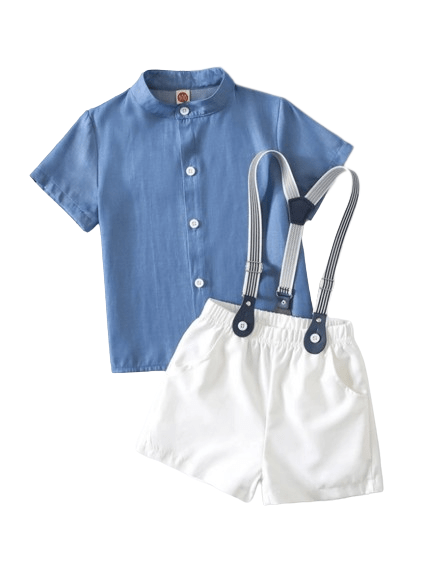 Boys 2 piece set white suspender short and blue collor shirt