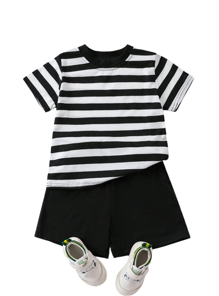 Boys Clothing Set - Striped Short Sleeve T-shirt And Black Shorts
