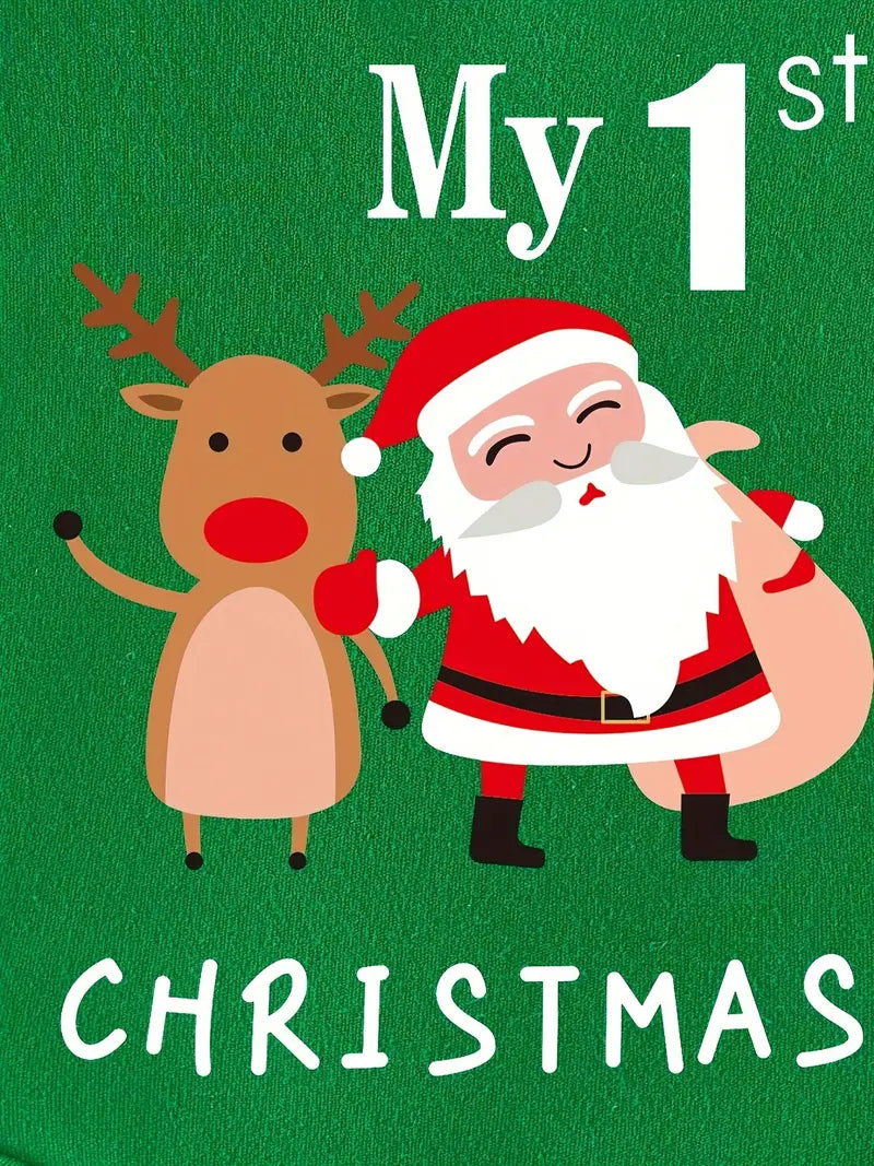 Adorable “My First Christmas” green romper for newborns. Soft, comfy, unisex short-sleeve bodysuit — perfect for sunny festive days! Sizes 0–6 months.