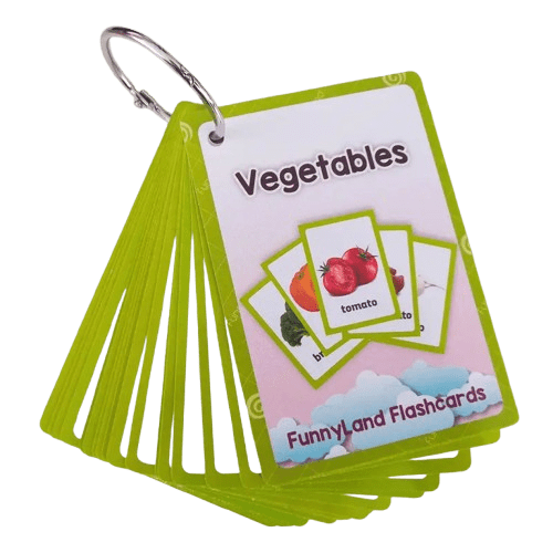 Colorful vegetable flashcards for kids! Fun, waterproof learning cards that help toddlers and preschoolers learn veggies easily. 20 cards per set. Ages 3+.