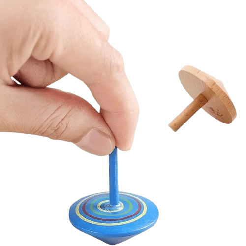 Multicolor wooden spinning tops, 4 cm, for toddlers and kids. Classic toy that boosts hand-eye coordination, concentration, and imaginative play. Safe and durable.