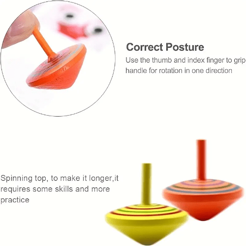 Multicolor wooden spinning tops, 4 cm, for toddlers and kids. Classic toy that boosts hand-eye coordination, concentration, and imaginative play. Safe and durable.
