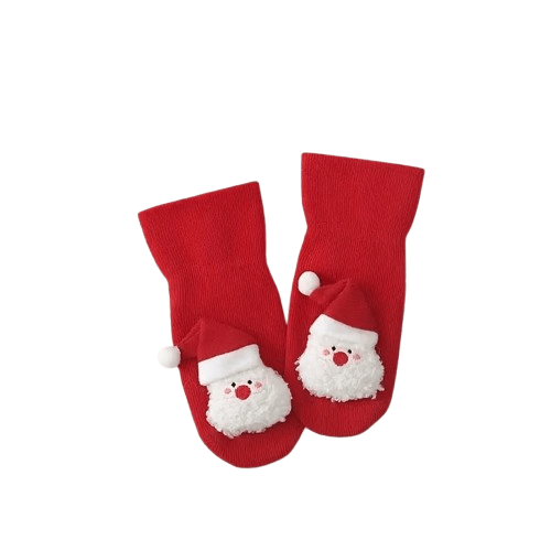 Red baby socks with Santa Claus faces on a white background