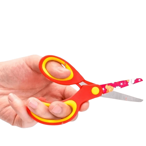 Safe, colorful left-handed kids scissors with blunt tips and soft grips. Perfect for school crafts and home projects. 1 piece per pack in a random color.