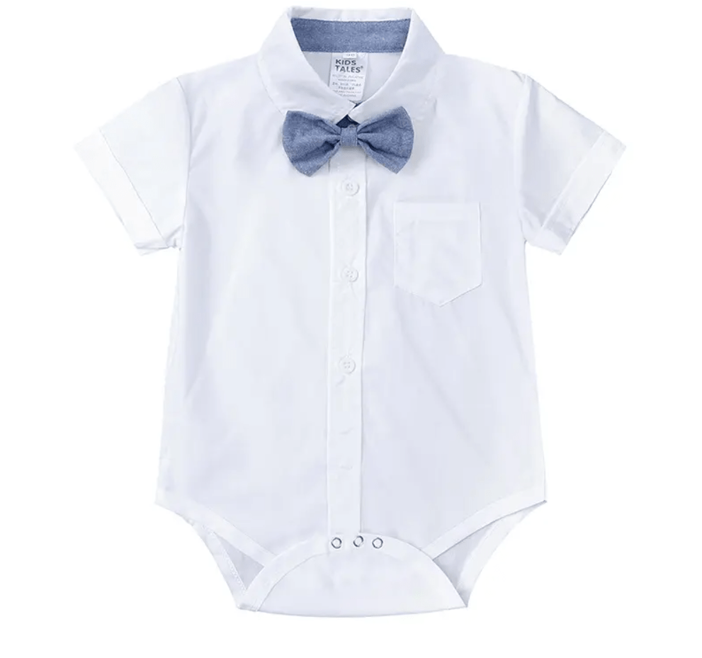 Baby Bow Front Shirt Bodysuit & Suspender Shorts - Blue