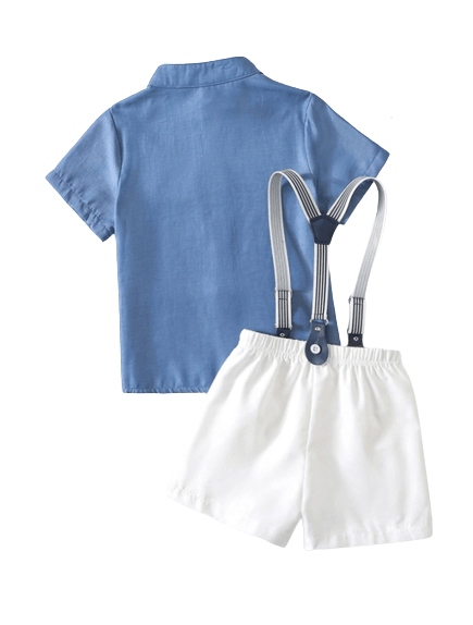 Boys 2 piece set white suspender short and blue collor shirt
