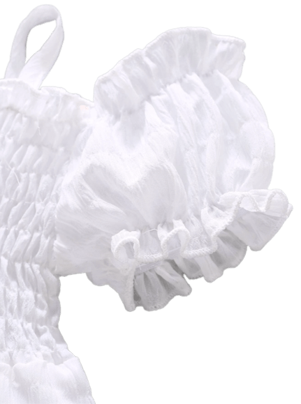 Girls off-shoulder white A line shirred dress