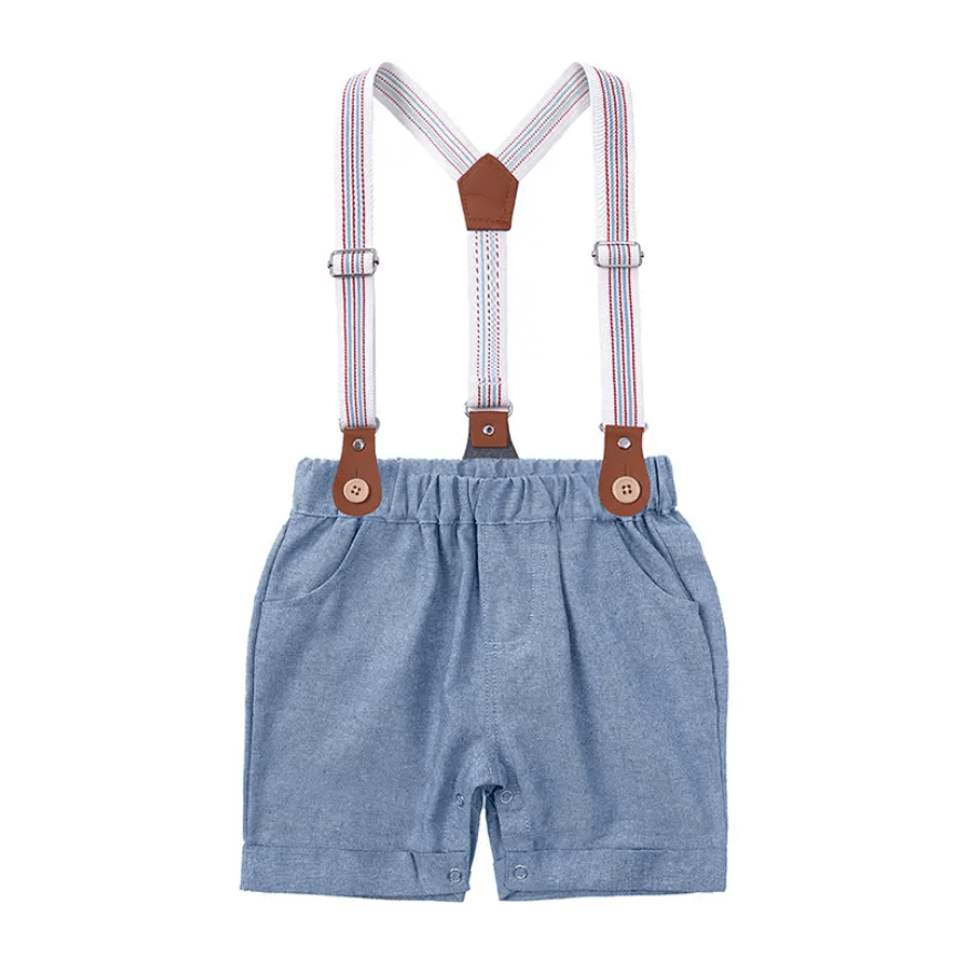 Baby Bow Front Shirt Bodysuit & Suspender Shorts - Blue