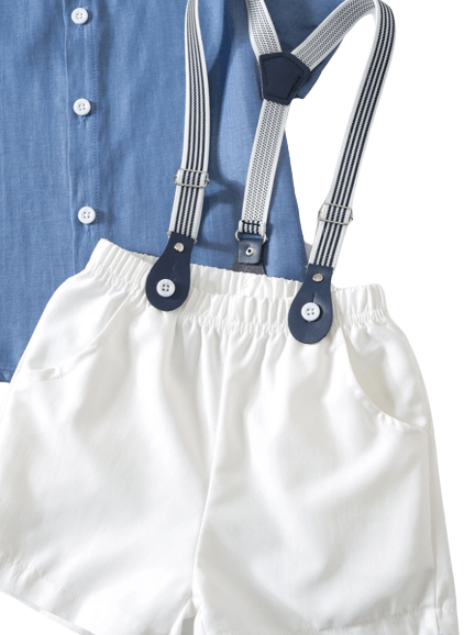 Boys 2 piece set white suspender short and blue collor shirt