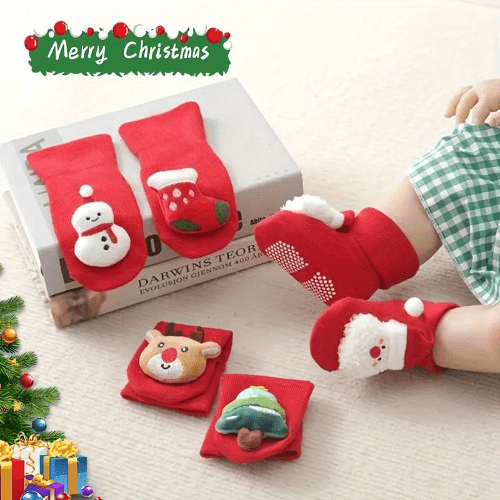 Christmas Snowman socks for babies 0–6 months. Soft, cozy, red socks with festive design — perfect for holiday wear or gifting.