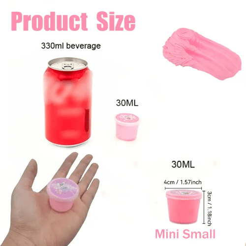 Comparison of product sizes with a can, pink slime, and small containers on a white background.