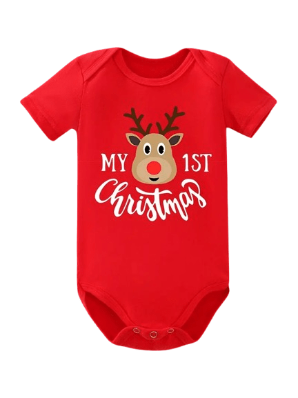 Adorable “My First Christmas” red romper for newborns. Soft, comfy, unisex short-sleeve bodysuit — perfect for sunny festive days! Sizes 0–6 months.