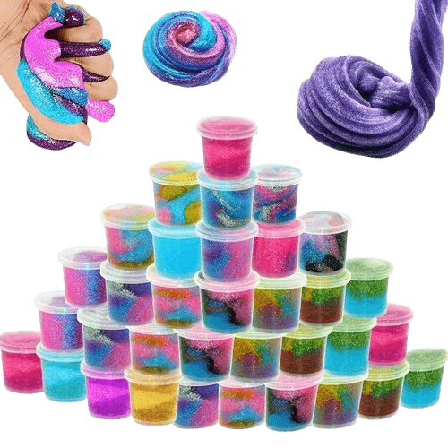 Sparkling starry galaxy slime for kids – stretchy, glittery, and safe. Perfect for sensory play, creativity, and endless squishy fun. Ages 3+.