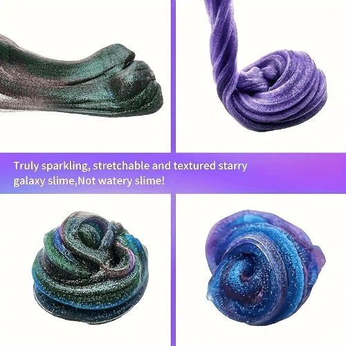 Sparkling starry galaxy slime for kids – stretchy, glittery, and safe. Perfect for sensory play, creativity, and endless squishy fun. Ages 3+.