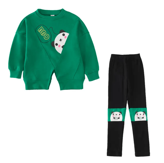 Adorbs cute girls children kids clothing set black cartoon pants with slouchy long sleeve green top with cartoon