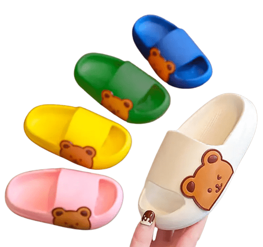 Boys girls unisex kids slippers with brown teddy bear decoration detail