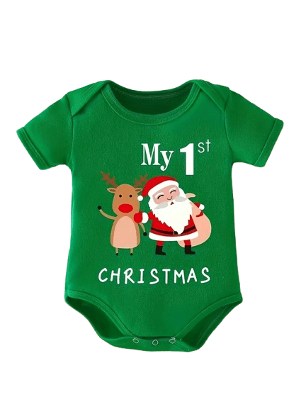 Adorable “My First Christmas” green romper for newborns. Soft, comfy, unisex short-sleeve bodysuit — perfect for sunny festive days! Sizes 0–6 months.