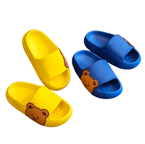 Boys girls unisex kids slippers with brown teddy bear decoration detail