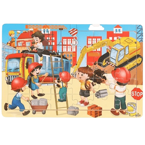 30-piece wooden construction puzzle for toddlers. Boosts hand-eye coordination, observation, logic, and manipulative skills. Ages 2+.