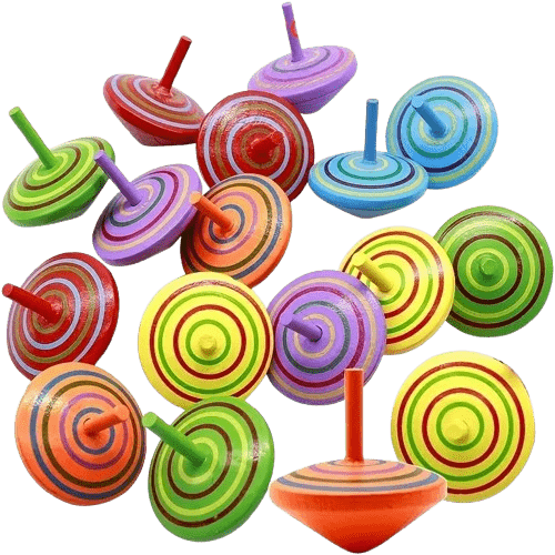 Multicolor wooden spinning tops, 4 cm, for toddlers and kids. Classic toy that boosts hand-eye coordination, concentration, and imaginative play. Safe and durable.