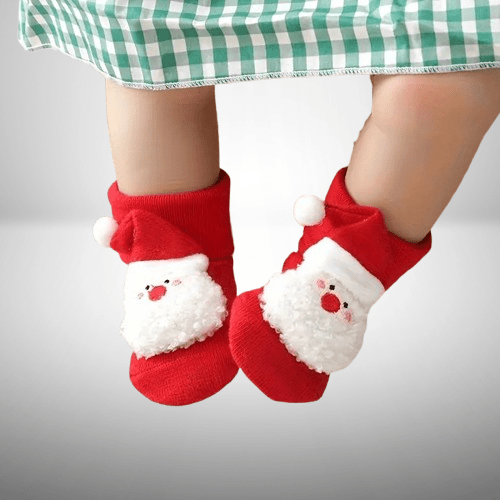 Christmas Snowman socks for babies 0–6 months. Soft, cozy, red socks with festive design — perfect for holiday wear or gifting.