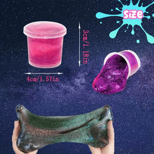 Pink and purple slime in containers with measurements on a starry background