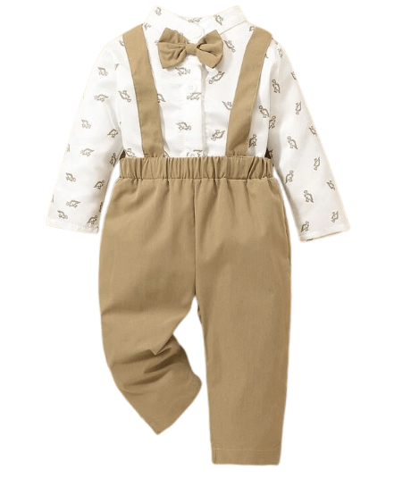 Baby Boy Bow Tie, Long Sleeve Bodysuit And Long Suspender Pants (Dinosaur Design)