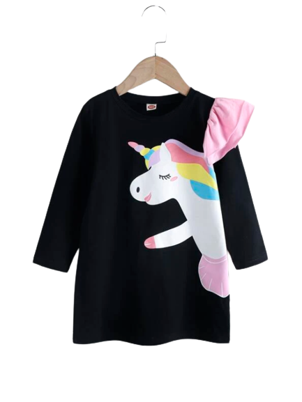 Girls Long Sleeve Unicorn Black Dress – Adorbs Online