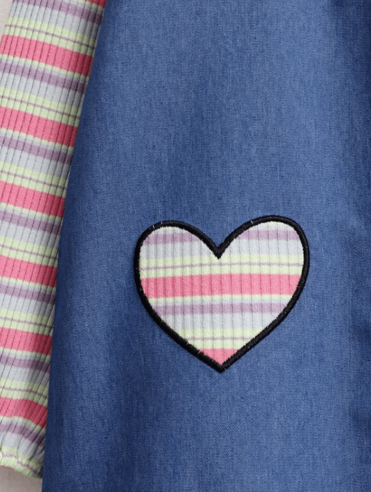 Long sleeve denim dress with striped sleeves.