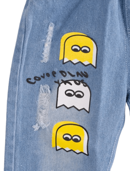 Boys Cartoon Jeans With Ripped Pockets & Colorful Decoration