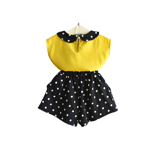 Summer Spring Short Kids Girls Clothing Set Poker Dots Shorts and Yellow Short Sleeve T-Shirt | Adorbs Online