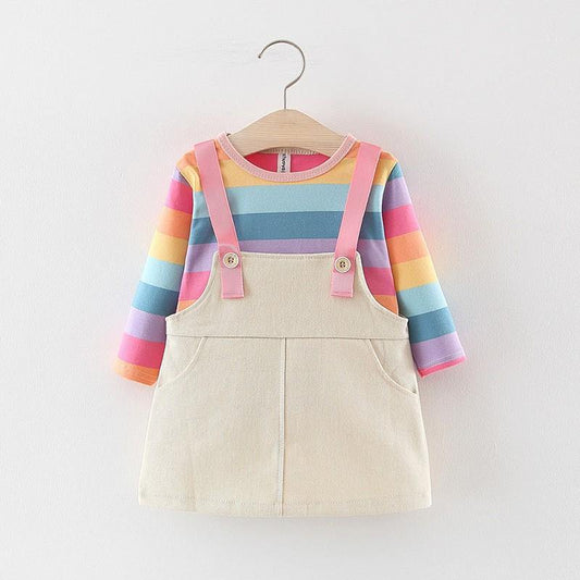 Warm Winter Autumn Girls Clothing Set Brown Khaki Dress And Colorful Stripe Long Sleeve T-Shirt | Adorbs Online