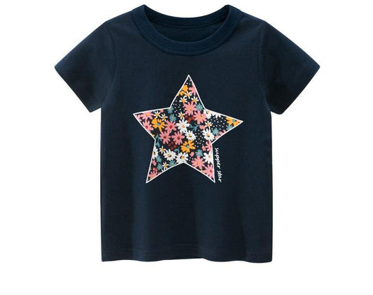 Star Design  Kids Girls Short Sleeve T-Shirt Floral, Navy Blue | Adorbs Online