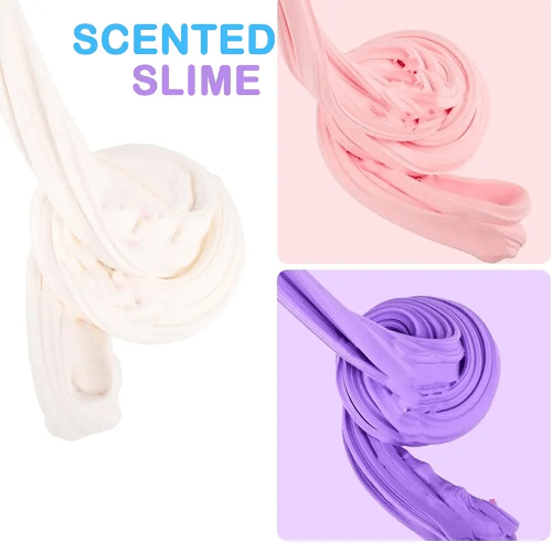 Three colors of scented slime shown with 'SCENTED SLIME' text above.