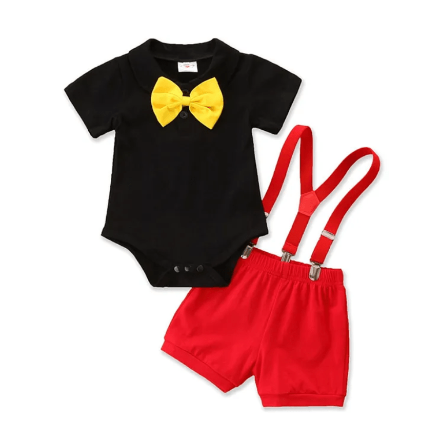 Boys Suspender Red Shorts & Black Short Sleeve Tee With Yellow Bow Tie