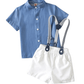 Boys 2 piece set white suspender short and blue collor shirt 