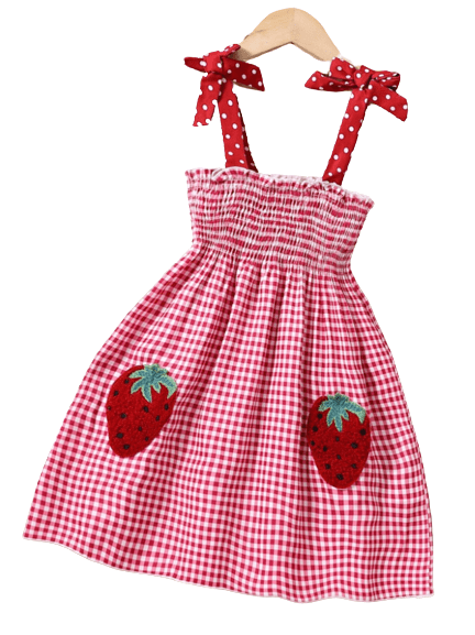 Girls A line shirred dress with strawberry fruit patch stripped 