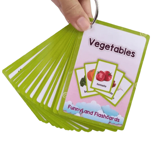 Colorful vegetable flashcards for kids! Fun, waterproof learning cards that help toddlers and preschoolers learn veggies easily. 20 cards per set. Ages 3+.