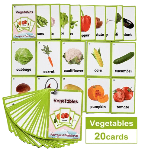Colorful vegetable flashcards for kids! Fun, waterproof learning cards that help toddlers and preschoolers learn veggies easily. 20 cards per set. Ages 3+.