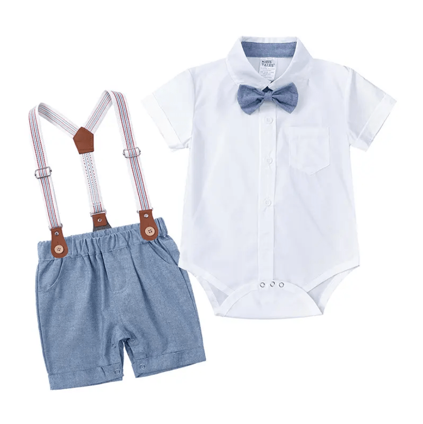 Baby Bow Front Shirt Bodysuit & Suspender Shorts - Blue