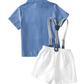 Boys 2 piece set white suspender short and blue collor shirt 