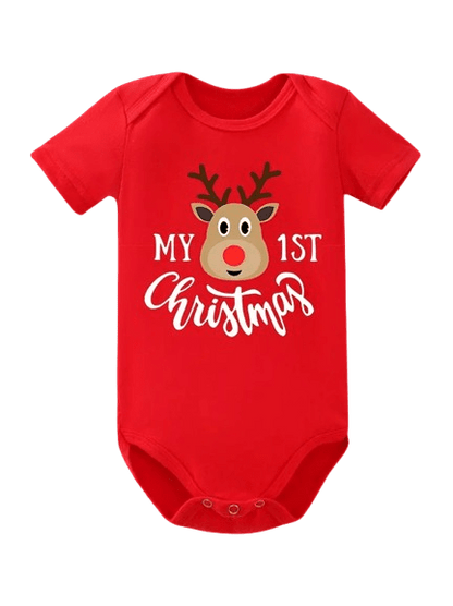 Adorable “My First Christmas” red romper for newborns. Soft, comfy, unisex short-sleeve bodysuit — perfect for sunny festive days! Sizes 0–6 months.
