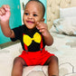 Boys Suspender Red Shorts & Black Short Sleeve Tee With Yellow Bow Tie