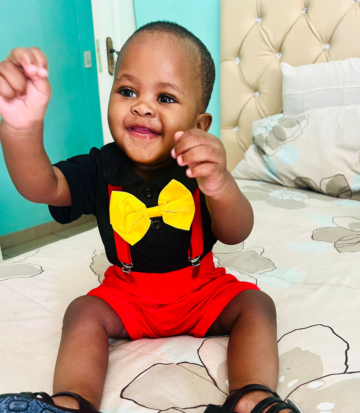 Boys Suspender Red Shorts & Black Short Sleeve Tee With Yellow Bow Tie