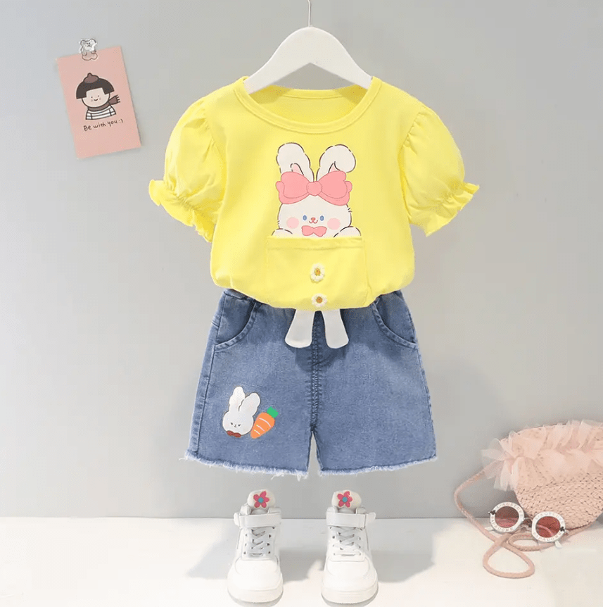 Girls Clothing Set (Blue Jeans & Yellow Pink Short Sleeve Bunny T-Shirt)