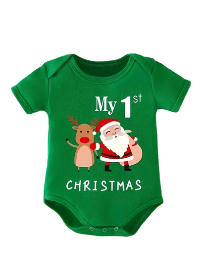 Adorable “My First Christmas” green romper for newborns. Soft, comfy, unisex short-sleeve bodysuit — perfect for sunny festive days! Sizes 0–6 months.