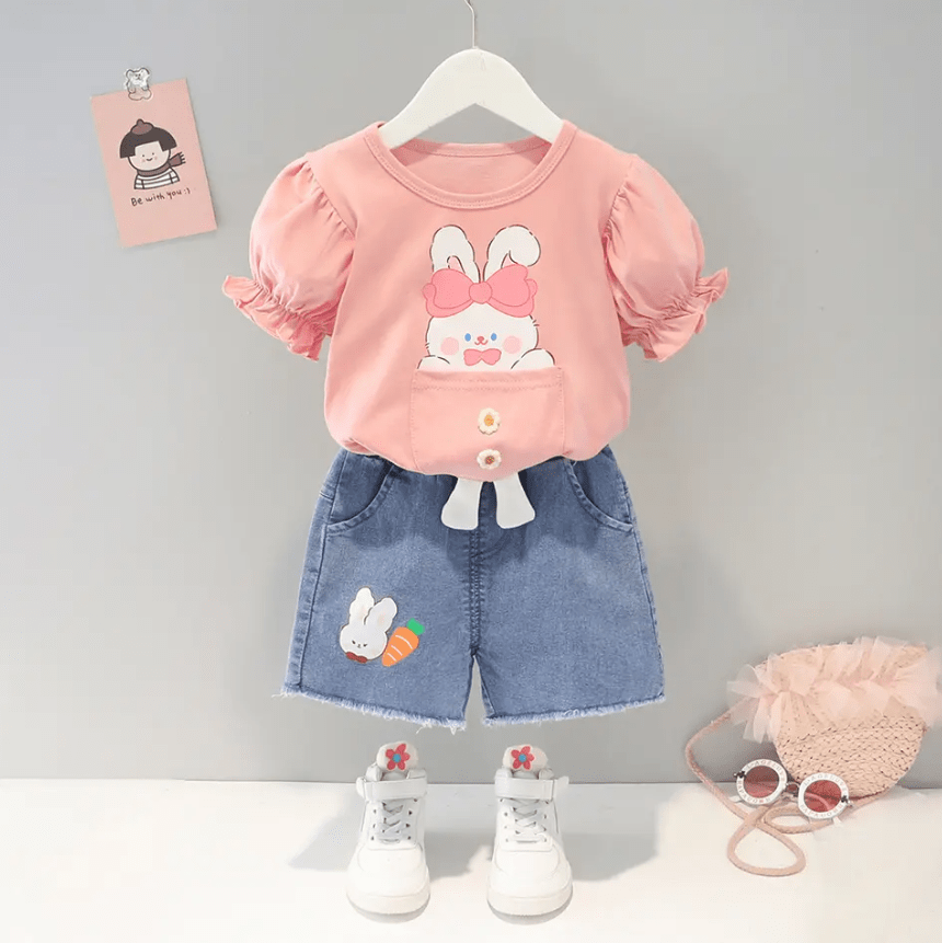 Girls Clothing Set (Blue Jeans & Yellow Pink Short Sleeve Bunny T-Shirt)